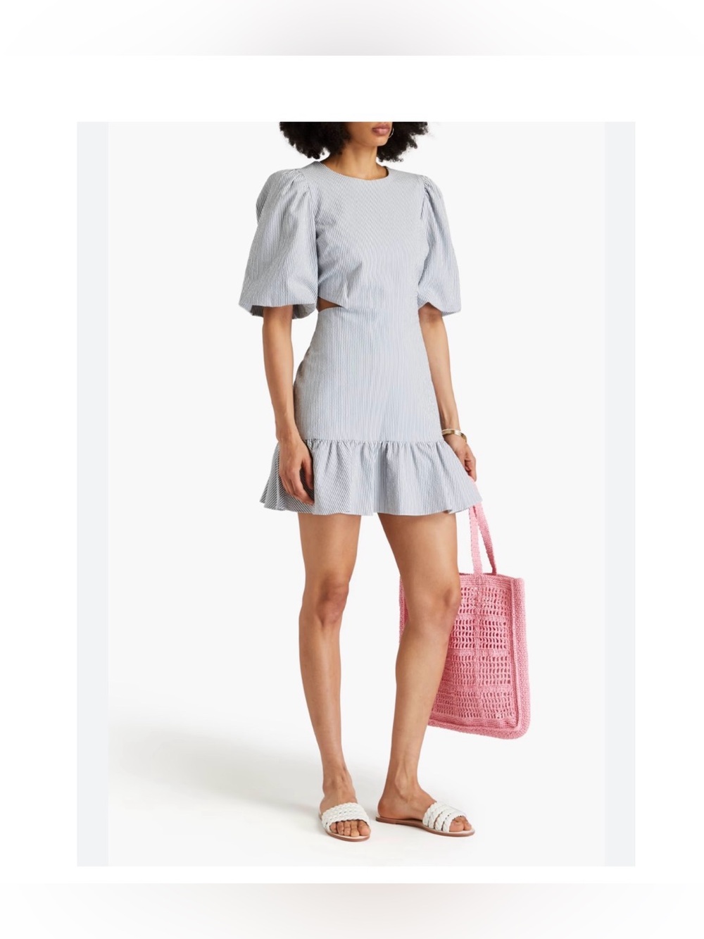 Veronica Beard Iker Dress seersucker Blue and White cut-out puff sleeve Sz 0
